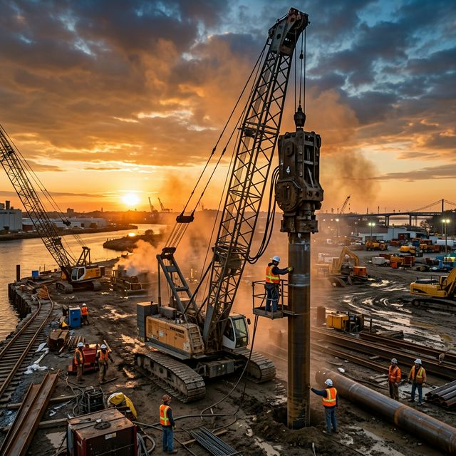 鋼管杭工事の施工現場